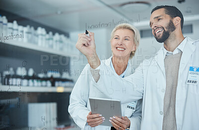 Buy stock photo Science, collaboration and woman with man brainstorming, writing on glass wall in lab with innovation and analytics. Scientist in laboratory, medical research ideas with vision in future vaccine data