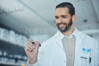 Buy stock photo Science, medical research and man writing on glass in lab, innovation, formula and analytics. Happy scientist in laboratory with ideas, planning and strategy in future vaccine manufacturing data.