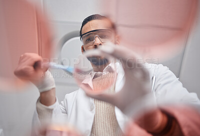 Buy stock photo Scientist, petri dish and pharma worker man working on science research in a laboratory. Medical container, study and thinking of a pharmaceutical solution of a lab employee with hospital data