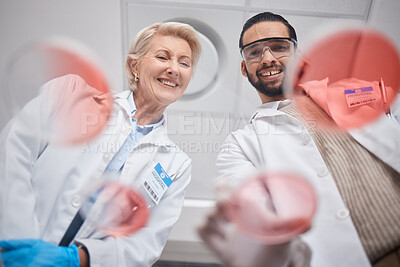 Buy stock photo Research, DNA and science by scientists in analytics with sample in lab smile and happy for results. Professional, expert and medical technician in a laboratory as teamwork, team and collaboration  
