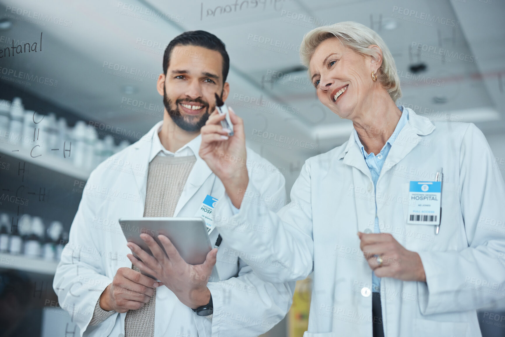 Buy stock photo Science, coaching and woman with man brainstorming, writing on glass in lab with innovation and analytics. Happy scientist in laboratory, research idea and strategy with vision in future vaccine data