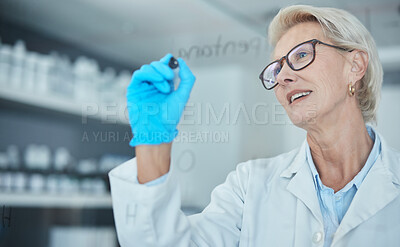 Buy stock photo Science, research and woman writing on glass in lab, innovation, formula and analytics. Scientist in laboratory with ideas, planning and strategy with vision in future vaccine manufacturing data.