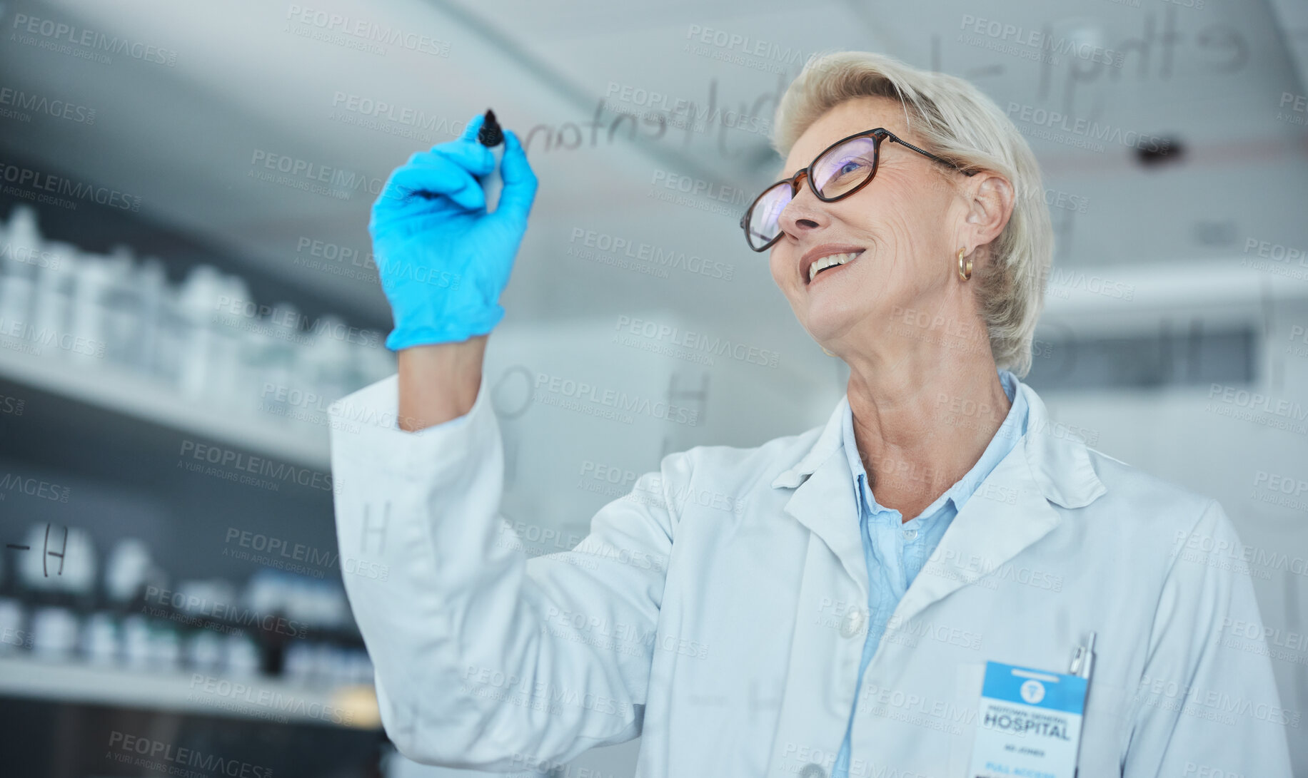 Buy stock photo Science, woman brainstorming and writing on glass in lab, innovation, formula and analytics. Happy scientist in laboratory with research ideas, planning and strategy with vision in future vaccine.