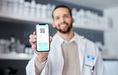 Buy stock photo Screen, phone and science man with test results, QR code and drugs, virus or medical research in laboratory. Smartphone, mobile app ux and negative feedback of online scientist or doctor data review