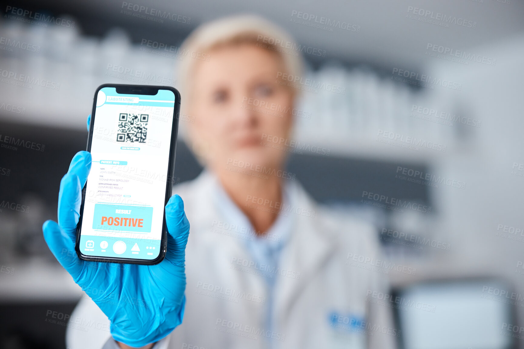 Buy stock photo QR code, monkeypox and doctor with a phone for results, positive barcode and healthcare email. Virus, sick and hands of a medical worker holding a mobile with information about an illness on a screen