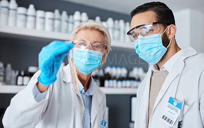 Buy stock photo Doctors, medical science and laboratory with face mask or ppe for medicine research, test or analysis. Man and woman scientist collaboration for futuristic chemical cure, innovation and development