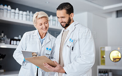 Buy stock photo Science, research and team with clipboard and tablet in laboratory for analytics, medical report and checklist. Pharmacy, healthcare and scientists write notes for data analysis, results and study