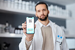 Phone, screen and science man with test results, QR code and drugs, virus or medical research in laboratory. Smartphone, mobile app ux and positive feedback of online scientist or doctor data review