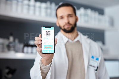 Buy stock photo Phone, QR code and doctor man with science test, drugs results or medical virus, research report in laboratory. Smartphone, mobile app ux and positive feedback, online scientist or person data screen