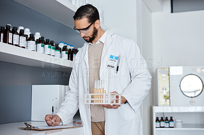 Buy stock photo Science, writing and man with test tube in laboratory with clipboard for results, medical report and research. Pharmaceutical, health and scientist write notes for liquid sample, medicine and vaccine