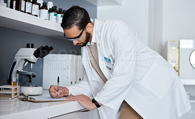 Buy stock photo Science, writing and man in laboratory for research, medical report and analytics on clipboard. Pharmaceutical medicine, healthcare and scientist write notes for data analysis, test results and study