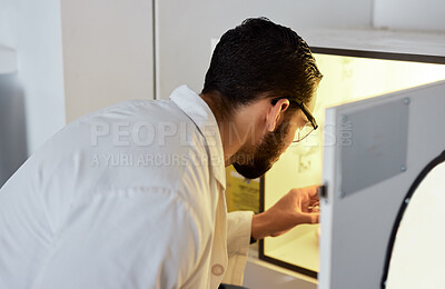 Buy stock photo Scientist, man with incubator and medical research with science experiment, biotechnology or ivf with innovation. Scientific study in laboratory, analysis of test sample and doctor with researcher