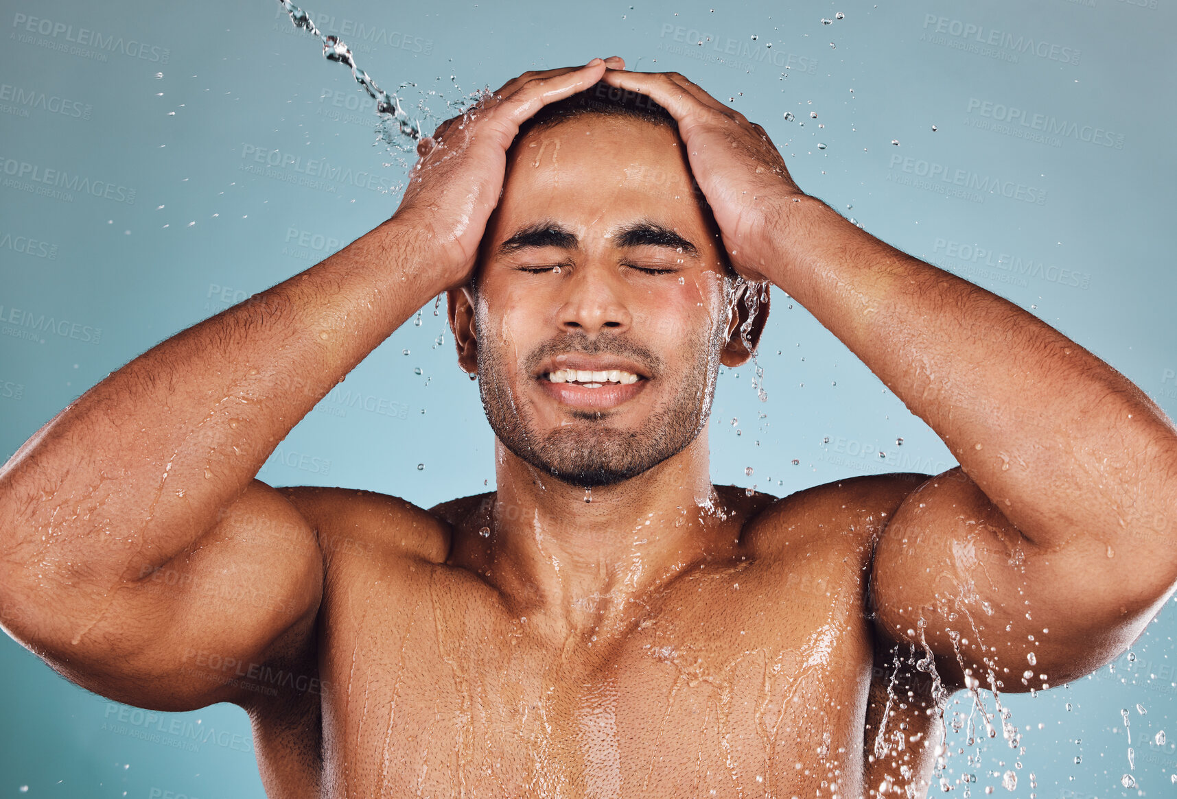 Buy stock photo Man, water splash and face wash for skincare hygiene, hydration or shower against studio background. Young male model in beauty, wellness and washing or cleansing for clean facial body care treatment