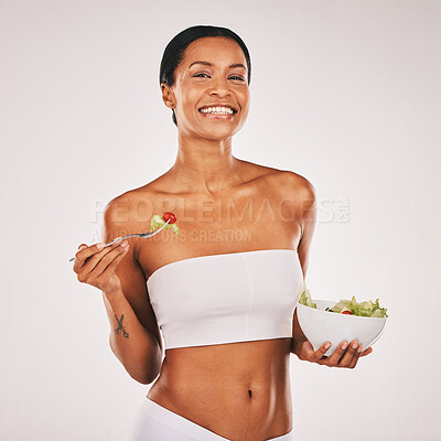 Buy stock photo Health, portrait or woman with a salad in studio for a healthy meal, nutrition diet or digestion benefits. Body goals, lose weight or happy female model eating food isolated on a white background