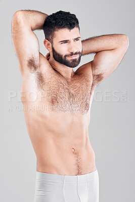 Buy stock photo Body, fitness and strong man in underwear for exercise, weight loss and wellness on a studio background. Aesthetic person for health, motivation and stomach or sexy muscle growth on healthy diet