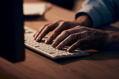 Buy stock photo Hands, man and keyboard on computer at night for planning, data analysis and pc internet. Closeup, typing and desktop technology of worker in dark office for seo research, website or business email