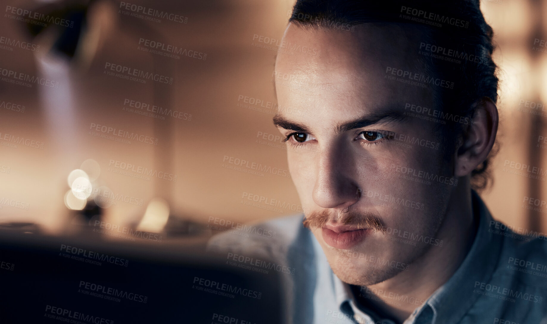 Buy stock photo Computer, night research or programmer man for cybersecurity, app coding or data analysis in office. Hacker, developer or employee on tech for software code, programming or startup analytics review