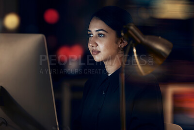 Buy stock photo Woman, night office and focus at computer for seo planning, research or agenda in dark startup. Female working overtime on desktop technology, online and network data of internet analytics on website