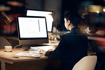 Buy stock photo Office, overtime and woman at computer, developer with data innovation at tech startup. Internet, web design and designer working late at night on future software ideas for technology for company.