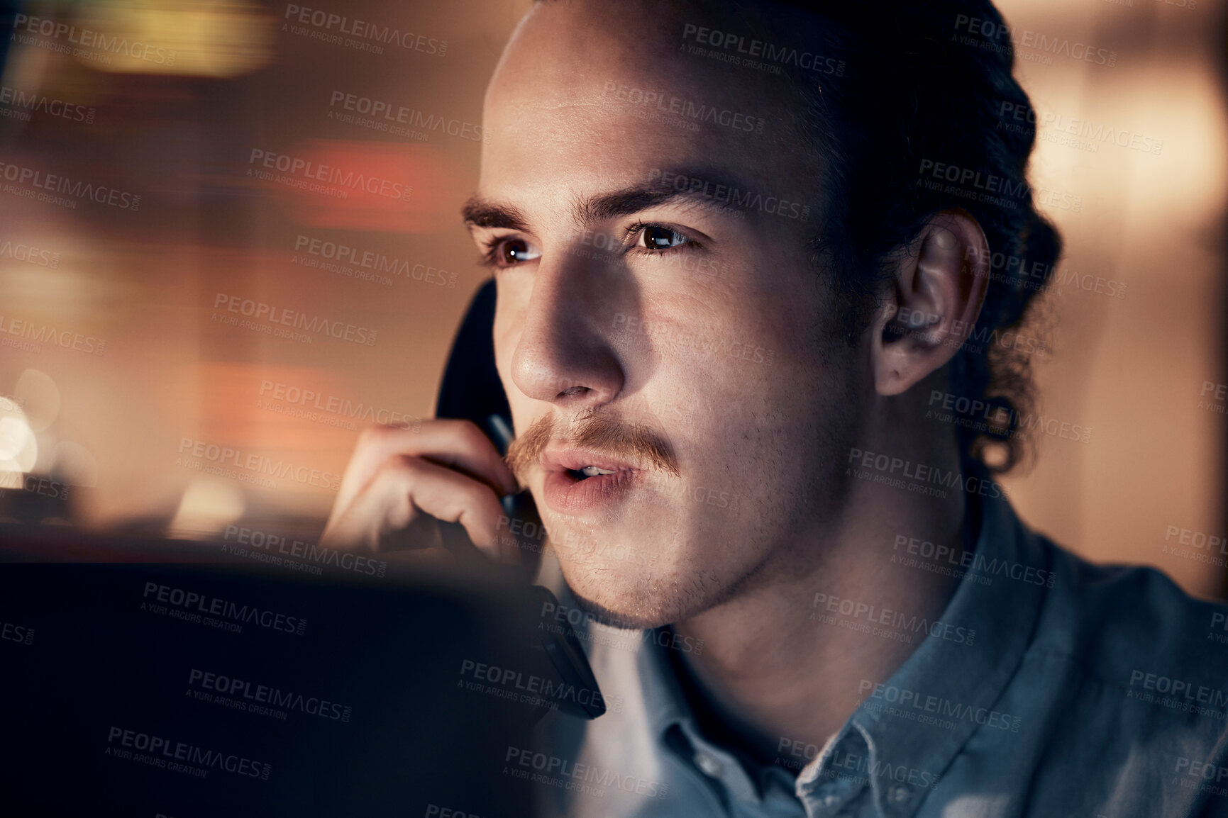 Buy stock photo Communication, phone call and business man on telephone talking, chatting or speaking to contact at night. Technology, thinking and male working late while networking, discussion or conversation.