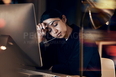Buy stock photo Stress, tired and business woman at night working on computer for project, report and strategy deadline. Burnout, mental health and female worker in dark office frustrated, fatigued and overworked