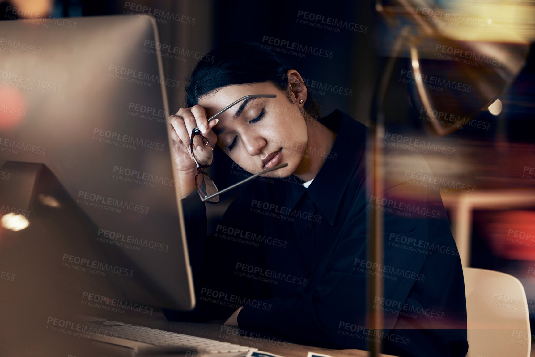 Buy stock photo Stress, tired and business woman at night working on computer for project, report and strategy deadline. Burnout, mental health and female worker in dark office frustrated, fatigued and overworked