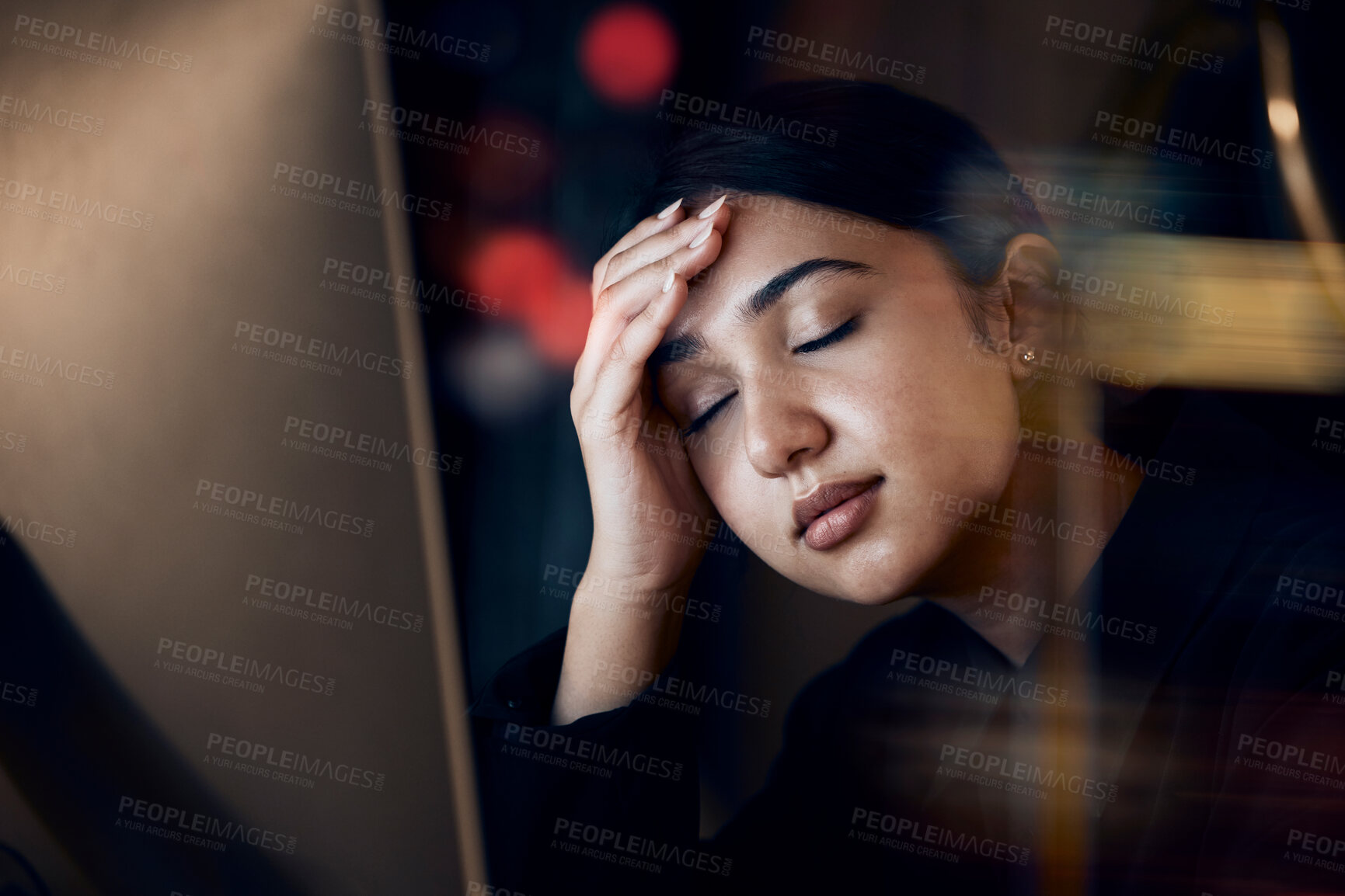 Buy stock photo Stress, headache and tired business woman at night working on project, report and strategy deadline. Burnout, overlay and female worker on computer in dark office frustrated, fatigue and depressed