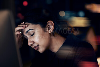 Buy stock photo Stress, headache and business woman at night working on computer for project, report and strategy deadline. Burnout, mental health and female worker in dark office frustrated, tired and overworked