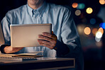 Hands, tablet and business man in office working late on project, email or research at night. Bokeh, technology and male employee with digital touchscreen for networking, social media or web browsing