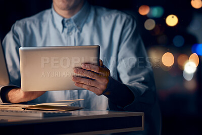 Buy stock photo Hands, tablet and business man in office working late on project, email or research at night. Bokeh, technology and male employee with digital touchscreen for networking, social media or web browsing