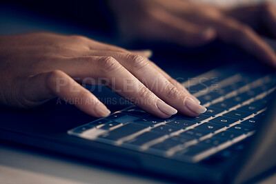 Buy stock photo Hands, laptop and business woman typing in office, working on email or project online. Technology, computer keyboard and female professional writing reports, planning or internet research at night