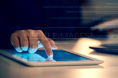 Buy stock photo Hand, tablet and overlay in night at office for research, analysis and web design at desk for tech innovation. Man, mobile touchscreen and iot with 3d holographic ux, search and typing for website ui
