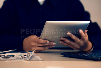 Buy stock photo Hands, business woman and typing on tablet in office, working on email or project online. Technology, social media and female professional writing reports, planning or internet research at night.