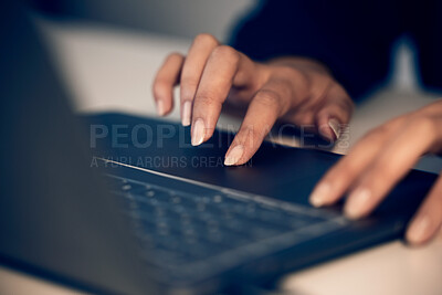 Buy stock photo Hands, business woman and typing on laptop in office, working on email or project online. Technology, computer keyboard and female professional writing reports, planning or internet research at night