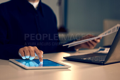 Buy stock photo Hand, tablet and laptop in night at office for research, analysis and web design at desk for tech innovation. Man, mobile touchscreen and iot with documents for goal, search and coding on website ui