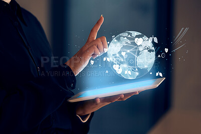 Buy stock photo Hands, tablet and hologram earth in night at office for research, analysis and web design for tech innovation. Woman, mobile touchscreen and iot with 3d globe ux, search or website for connectivity