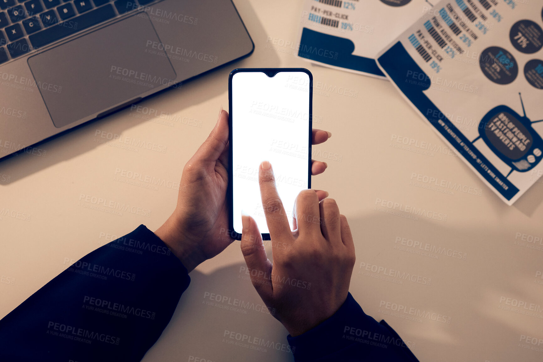 Buy stock photo Hands, top view screen and phone mock up in office for branding, web browsing or social media. Technology, mockup and female employee or woman with mobile smartphone for marketing or advertising.