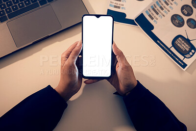 Buy stock photo Top view, hands and woman with phone mock up in office for branding, web browsing or social media. Technology, screen mockup and female employee with smartphone for marketing or advertising at night.