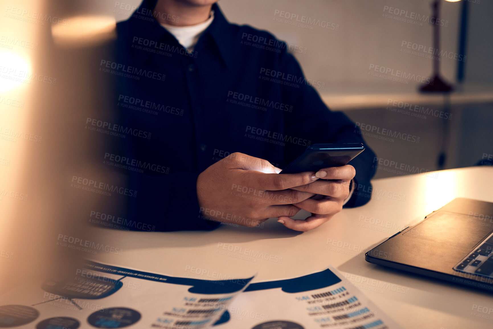 Buy stock photo Hands, business woman and phone in office for texting, web browsing or social media. Technology, cellphone and female employee with mobile smartphone for networking or internet scrolling at night.