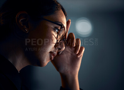 Buy stock photo Stress, night and face of business woman in office working  on project, report and strategy deadline. Burnout, mental health and female worker in dark workplace with headache, frustrated and fatigue