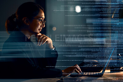 Buy stock photo Programming, coding and thinking with woman at laptop with hologram overlay for software, idea and digital at night. Data analytics, technology and future with employee for media, database and matrix