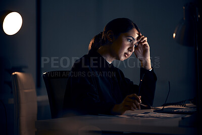 Buy stock photo Stress, night and business woman on computer working on project, planning and strategy deadline. Burnout, mental health and female worker thinking in dark office with headache, tired and overworked