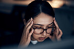 Headache, stress and business woman at night working on computer for project, report and strategy deadline. Burnout, mental health and female worker in dark office frustrated, tired and overworked
