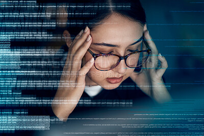 Buy stock photo Programming, coding and stress with woman at night for 404, headache and digital transformation glitch. Frustrated anxiety and crisis with employee and deadline for media, database and matrix