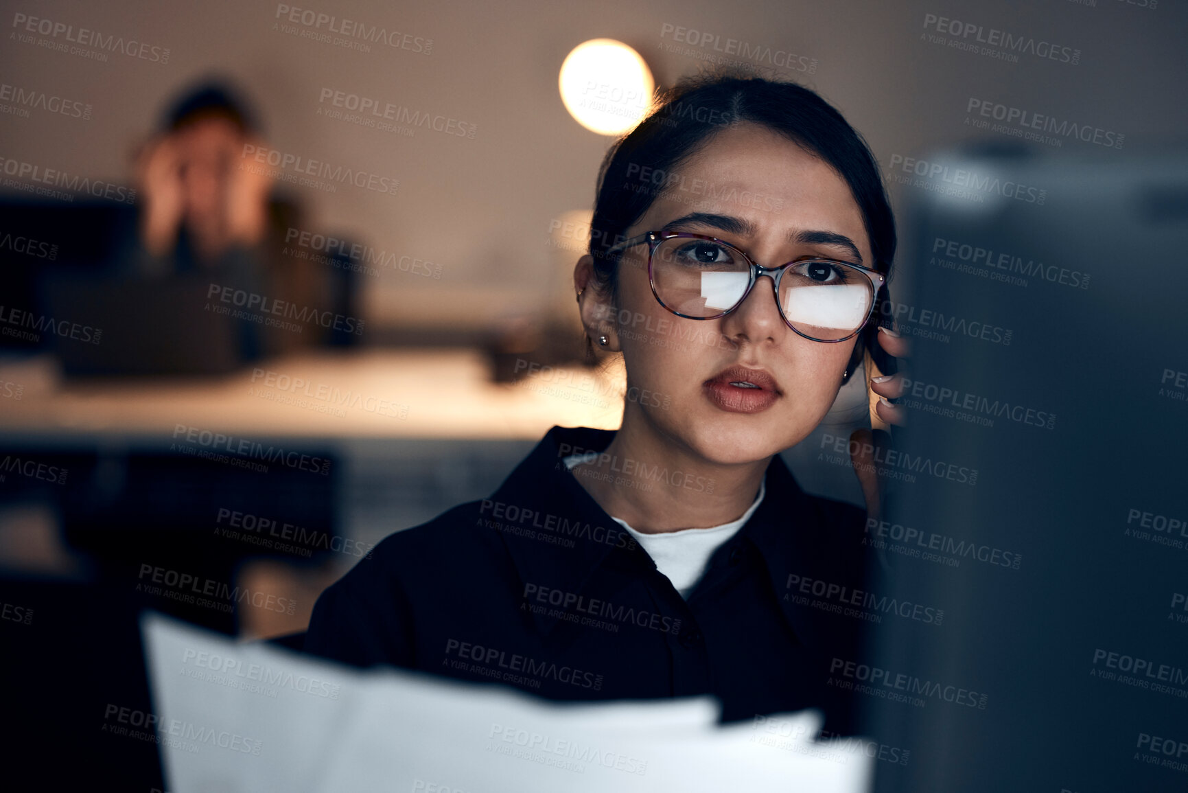 Buy stock photo Computer, night research or programmer woman for cybersecurity, app coding or data analysis in office. Thinking, developer or employee on tech for software code, documents or startup analytics review