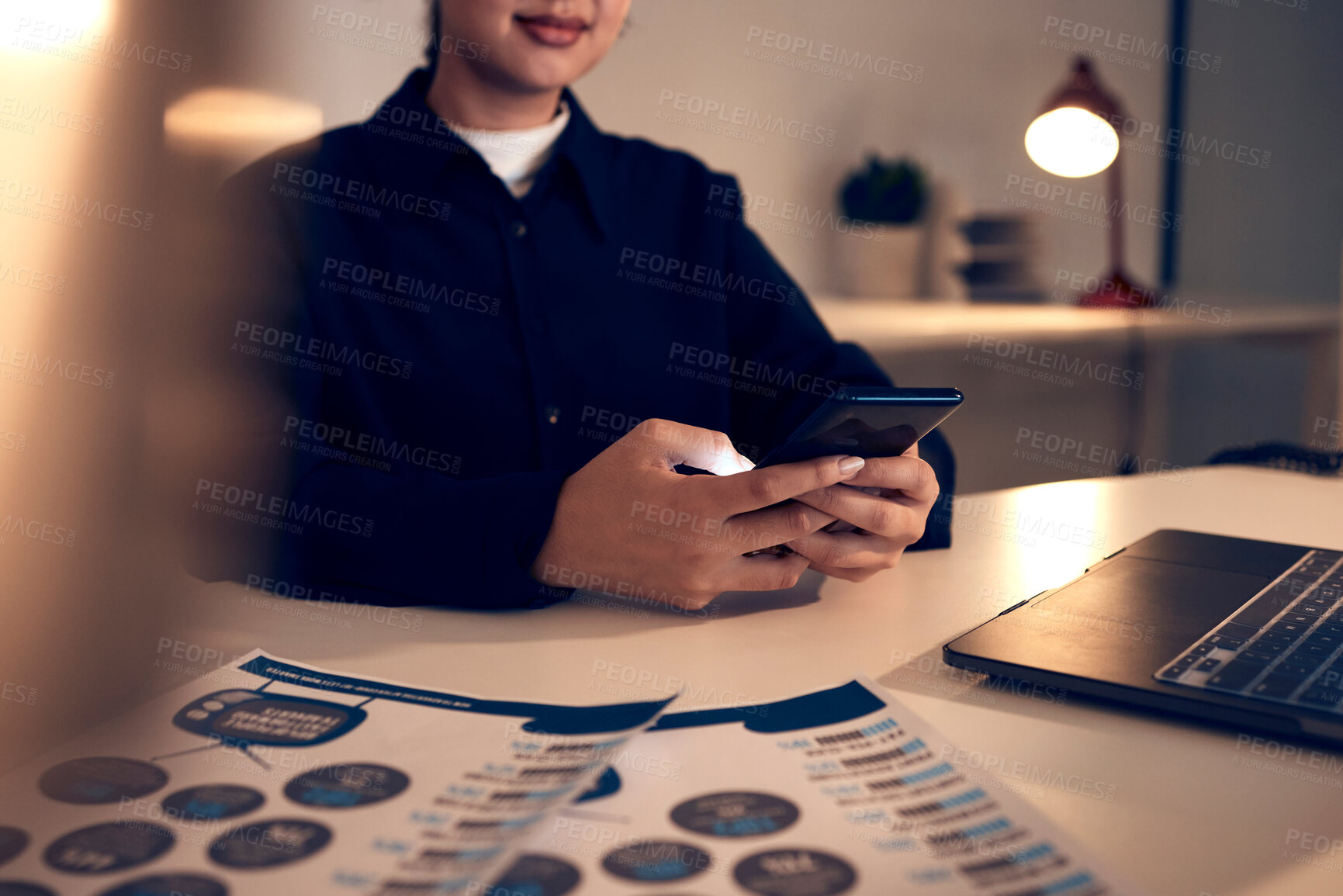 Buy stock photo Business woman, hands and phone in office for texting, web browsing or social media. Technology, cellphone and female employee with mobile smartphone for networking or internet scrolling at night.