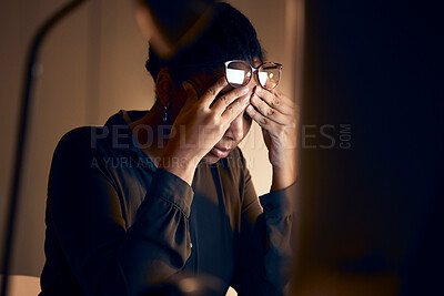 Buy stock photo Stress, burnout and business black woman at night working on project, report and strategy deadline. Headache, mental health and female in dark office frustrated, tired and work problem on computer