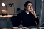 Woman, night office and writing at computer for seo planning, research or agenda in dark startup. Female working overtime on desktop technology, online notes and network data for internet analytics
