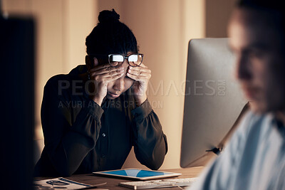 Buy stock photo Stress, headache and business black woman at night working on project, report and strategy deadline. Burnout, fatigue and female worker on computer in dark office frustrated, tired and overworked