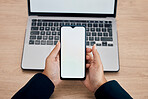 Top view, mockup and hands with smartphone, screen and connection for internet, digital planning or business deals. Woman, employee or entrepreneur with laptop, zoom or cellphone for typing in office